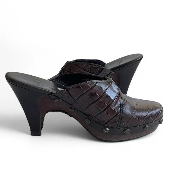 Cole Haan Women's  Kenna Brown Croc Leather Platform Heeled Mules Studded Sz: 6