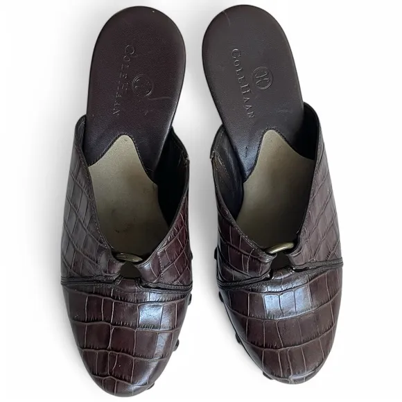 Cole Haan Women's  Kenna Brown Croc Leather Platform Heeled Mules Studded Sz: 6