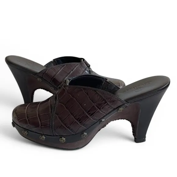 Cole Haan Women's  Kenna Brown Croc Leather Platform Heeled Mules Studded Sz: 6