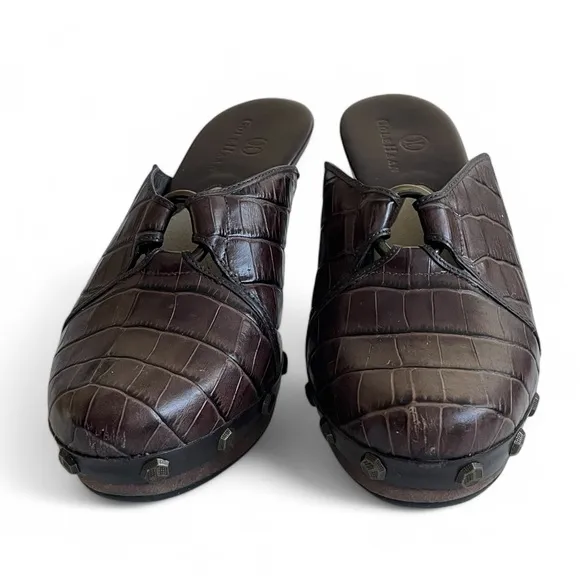 Cole Haan Women's  Kenna Brown Croc Leather Platform Heeled Mules Studded Sz: 6