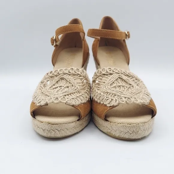 CONCHISA Carol Zaffron Brown Suede Woven Raffia Sandals Made In Spain Size 39