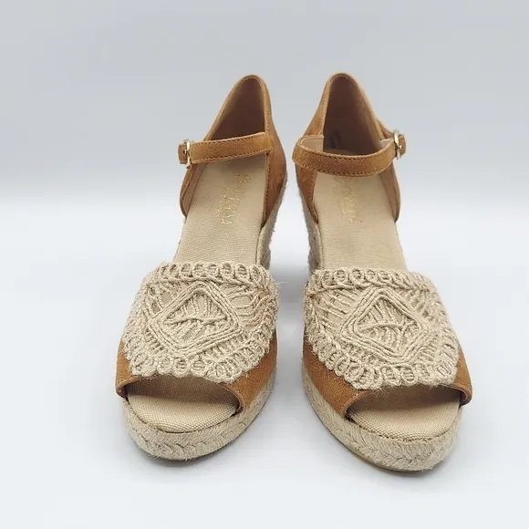 CONCHISA Carol Zaffron Brown Suede Woven Raffia Sandals Made In Spain Size 39