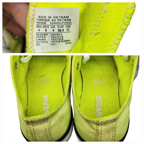Converse All Star Shoes Womens 6 Neon Yellow Florescent Low Tops Skater Preppy