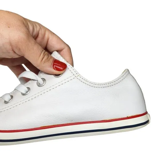 Converse All Star Shoes Womens 6 White on White Red Blue Leather Low Tops Skater