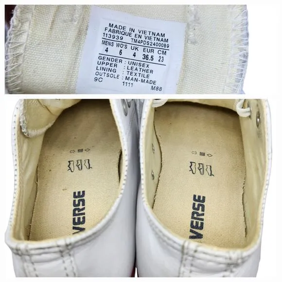 Converse All Star Shoes Womens 6 White on White Red Blue Leather Low Tops Skater
