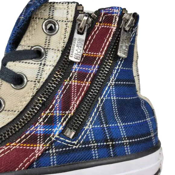 Converse Shoes Womens 6 Plaid Zipper Steampunk Emo High Tops Maroon Blue Punk