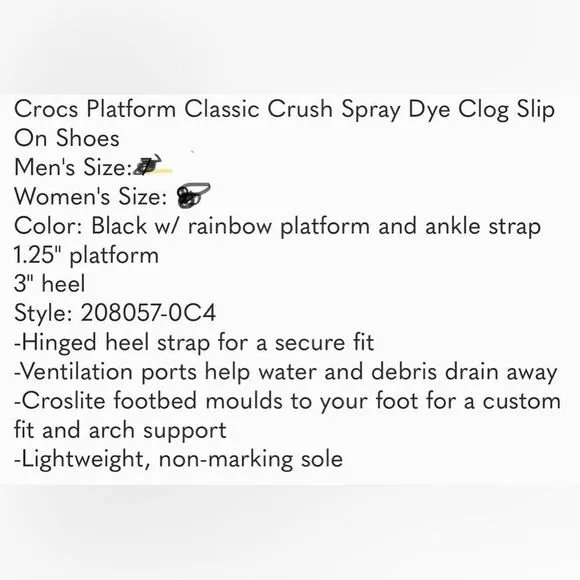 Copy Crocs Platform Classic Crush Spray Dye  Black Rainbow Slip On Shoes M 6 W 8