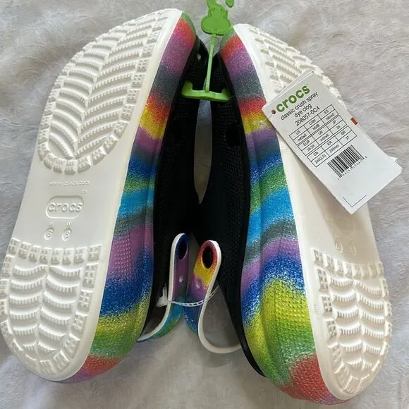 Copy Crocs Platform Classic Crush Spray Dye  Black Rainbow Slip On Shoes M 6 W 8