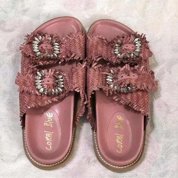 Coral Blue Italian Woven Leather JeweledFootbed Buckle Adjustable Sandals 39