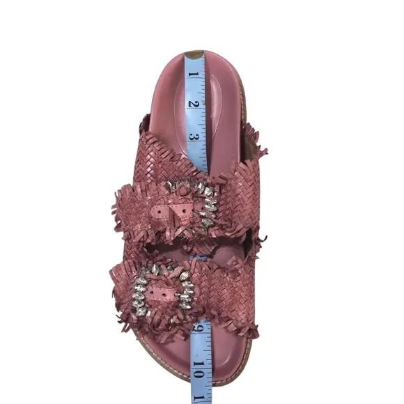 Coral Blue Italian Woven Leather JeweledFootbed Buckle Adjustable Sandals 39