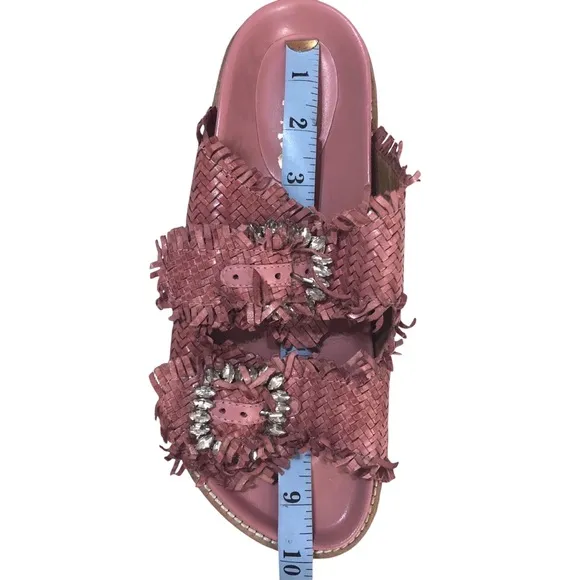 Coral Blue Italian Woven Leather JeweledFootbed Buckle Adjustable Sandals 39