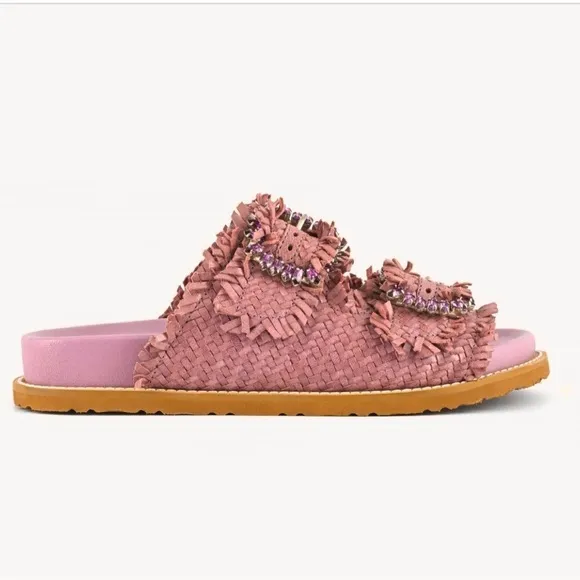 Coral Blue Italian Woven Leather JeweledFootbed Buckle Adjustable Sandals 39
