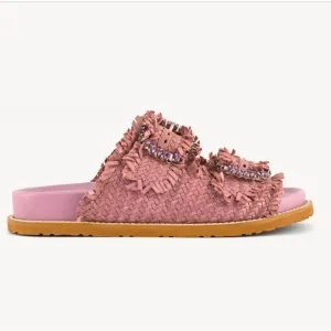 Coral Blue Italian Woven Leather JeweledFootbed Buckle Adjustable Sandals 39