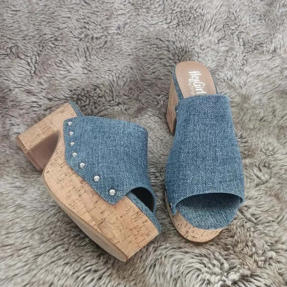 Corkys Hey Girl Denim Bada Bing Cork Bottom Platform Shoes Brand New