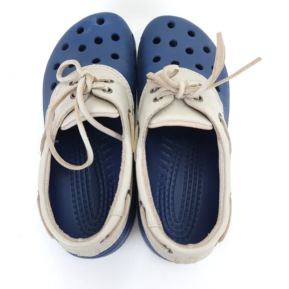 Crocs Unisex Shoes Navy Blue with Leather Tops Laces M 9 and W 11