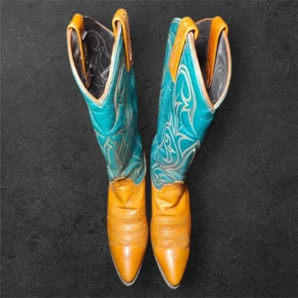 Dan Post Cowgirl Boots 6M | Turquoise &amp; Tan Leather Western Cowboy Boots EUC