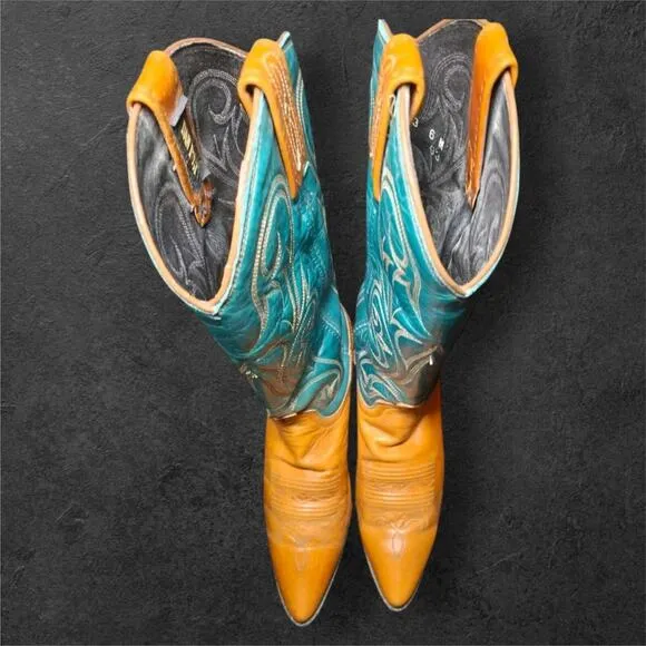 Dan Post Cowgirl Boots 6M | Turquoise &amp; Tan Leather Western Cowboy Boots EUC