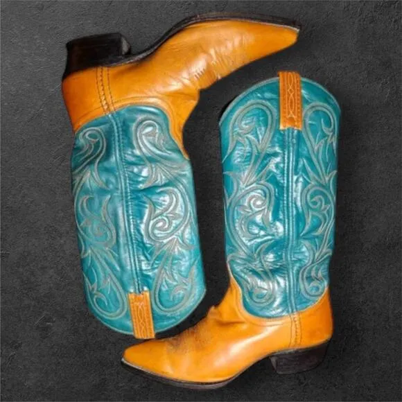 Dan Post Cowgirl Boots 6M | Turquoise &amp; Tan Leather Western Cowboy Boots EUC