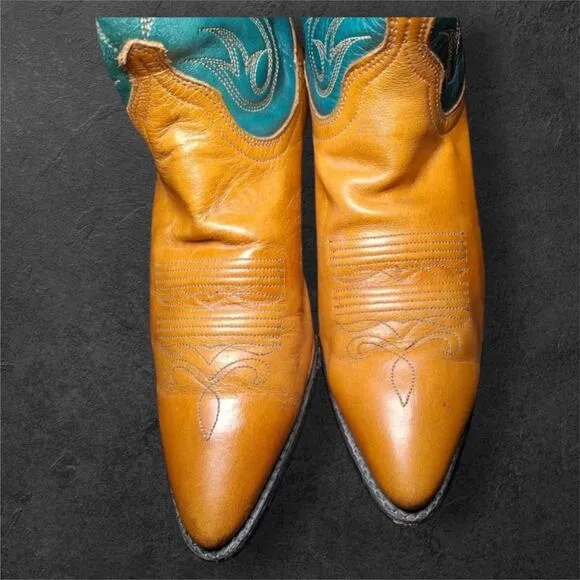 Dan Post Cowgirl Boots 6M | Turquoise &amp; Tan Leather Western Cowboy Boots EUC