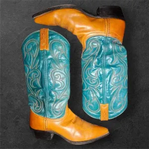 Dan Post Cowgirl Boots 6M | Turquoise &amp; Tan Leather Western Cowboy Boots EUC