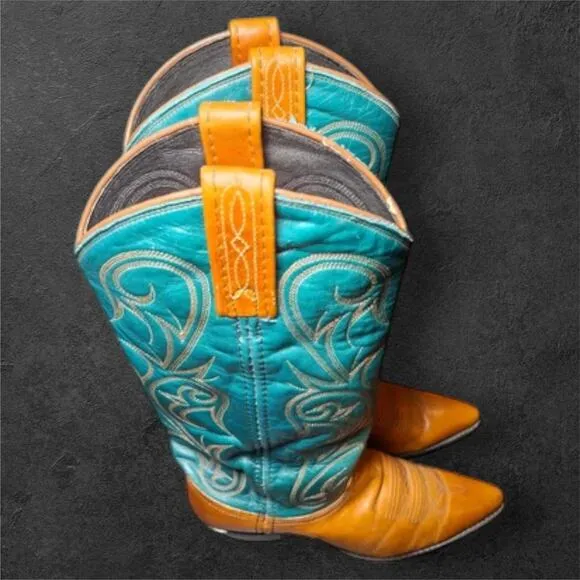Dan Post Cowgirl Boots 6M | Turquoise &amp; Tan Leather Western Cowboy Boots EUC