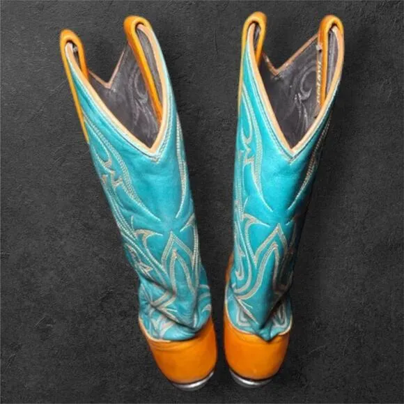 Dan Post Cowgirl Boots 6M | Turquoise &amp; Tan Leather Western Cowboy Boots EUC