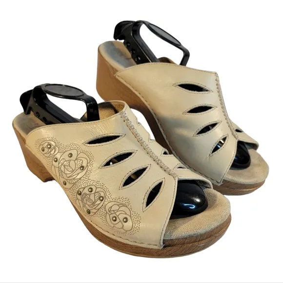 Dansko Leather Beige Lasercut Rose Detailed Cut Out Slip On Glog Sandal Shoes 41