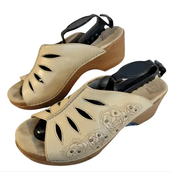 Dansko Leather Beige Lasercut Rose Detailed Cut Out Slip On Glog Sandal Shoes 41