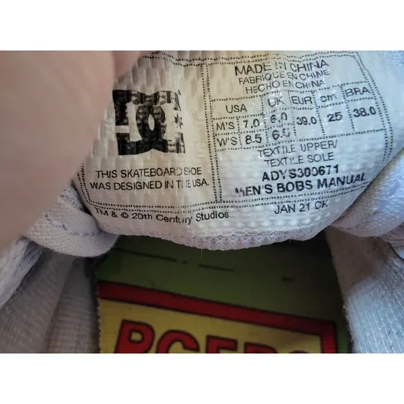 DC Shoes Bob's Burgers Manual X Size 7 Men's White Sneakers Skate Shoes