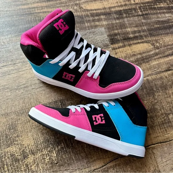 DC Shoes Cure Hi Top Youth Sneakers 5.5Y Black Blue Pink Leather Skate Shoes
