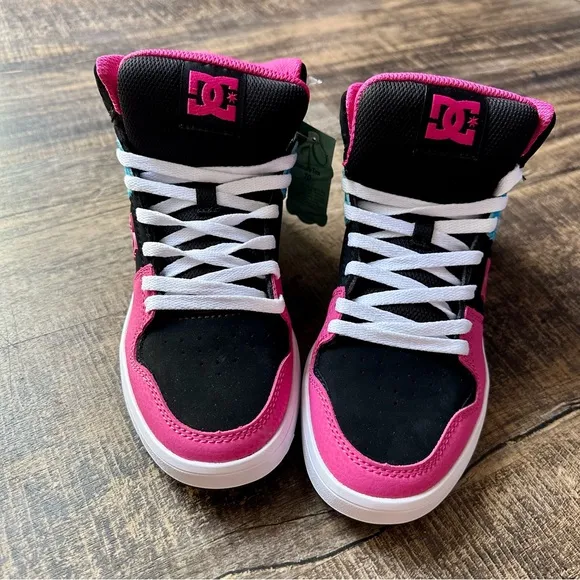 DC Shoes Cure Hi Top Youth Sneakers 5.5Y Black Blue Pink Leather Skate Shoes