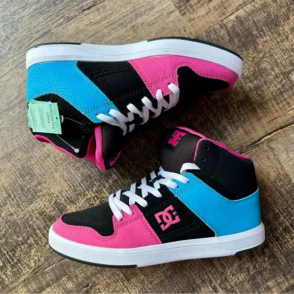 DC Shoes Cure Hi Top Youth Sneakers 5.5Y Black Blue Pink Leather Skate Shoes