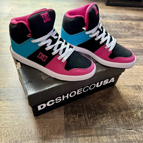 DC Shoes Cure Hi Top Youth Sneakers 5.5Y Black Blue Pink Leather Skate Shoes