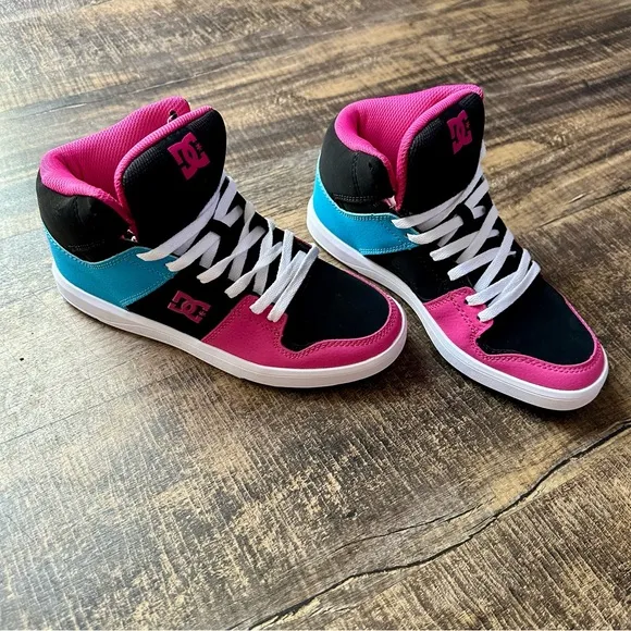 DC Shoes Cure Hi Top Youth Sneakers 5.5Y Black Blue Pink Leather Skate Shoes