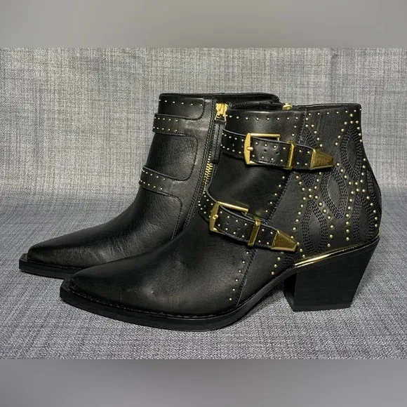 Dolce Vita Ronnie Studded Western Ankle Boots Black Leather Size 8