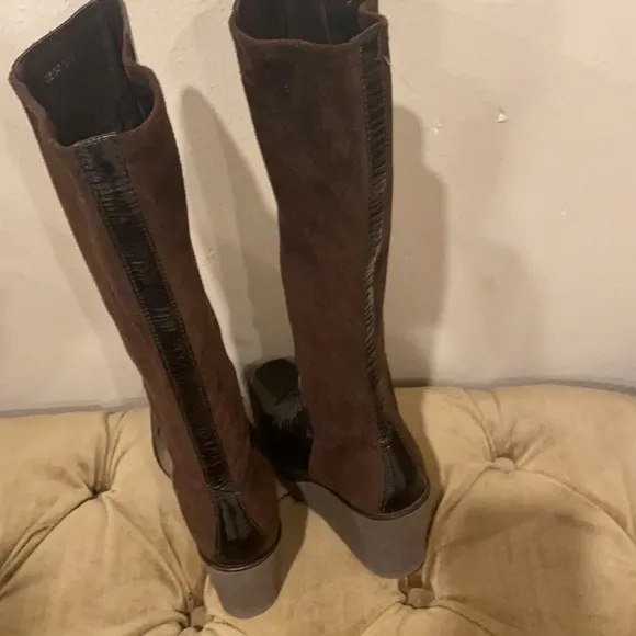 Donald J pliner brown suede and patent leather wedge boots size 7.5