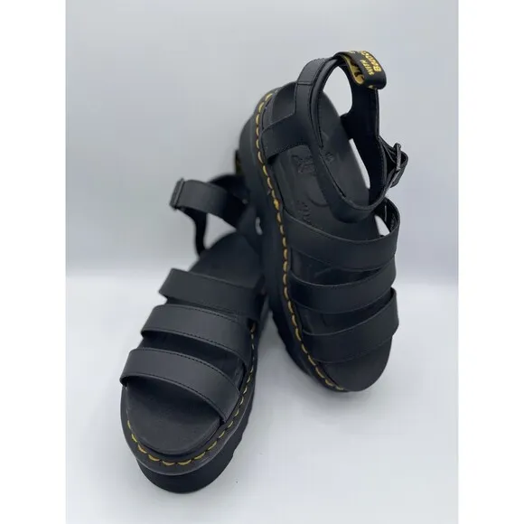 Dr Martens Leather Platform Sandals Womens 9 Black Blaire Quad Strap Shoes New