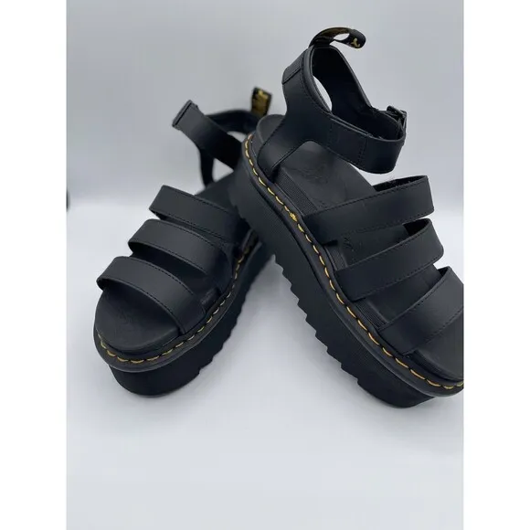 Dr Martens Leather Platform Sandals Womens 9 Black Blaire Quad Strap Shoes New