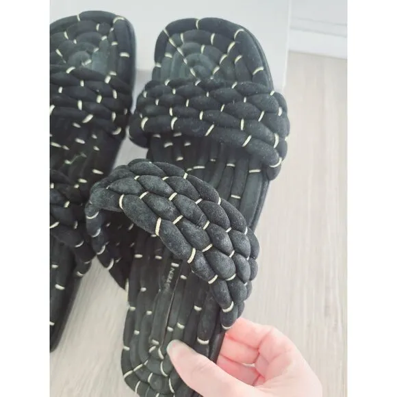 Dries Van Noten Woven Rope Metallic Black Gold Suede  Slide Sandals 40 10
