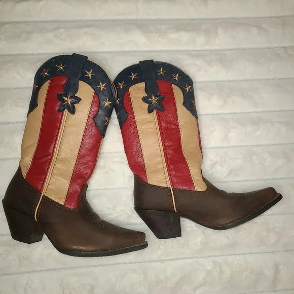 Durango Red and Tan Heeled Boots with Patriotic Design