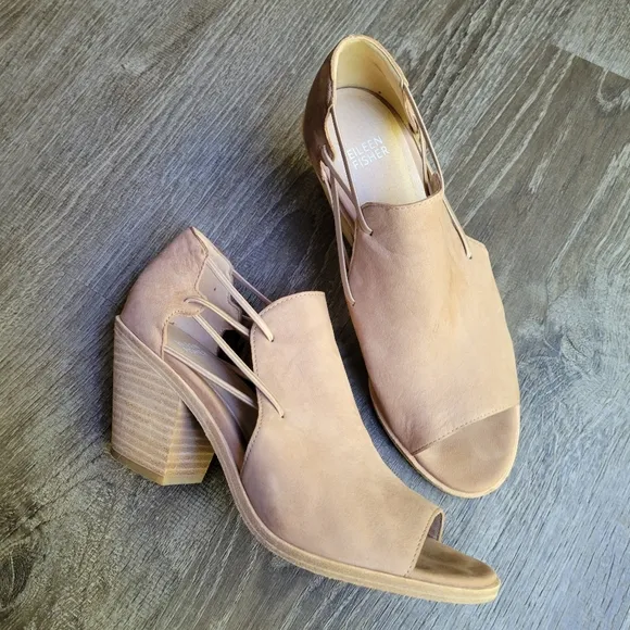 Eileen Fisher Nikki Leather Strappy Open Side Block Heel Open Toe Ankle Boots