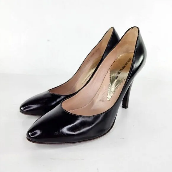Emporio Armani Women Black Leather Pointed Shoes US 7 Heels Pump shoes