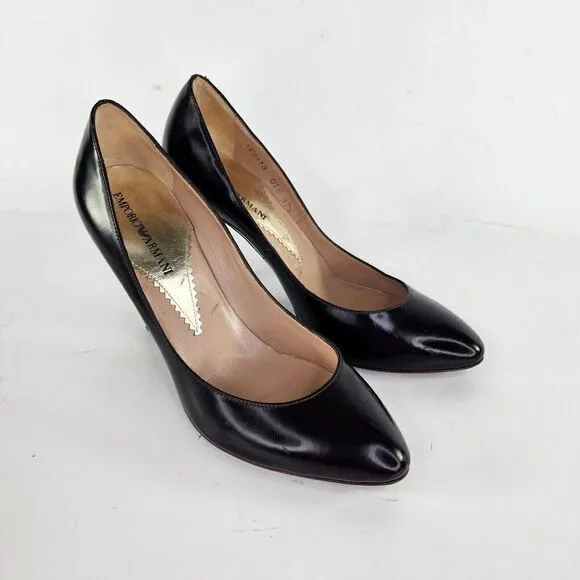 Emporio Armani Women Black Leather Pointed Shoes US 7 Heels Pump shoes