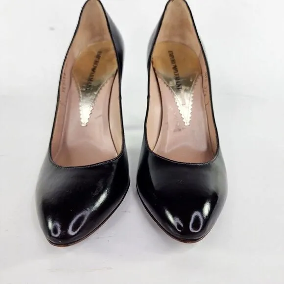 Emporio Armani Women Black Leather Pointed Shoes US 7 Heels Pump shoes