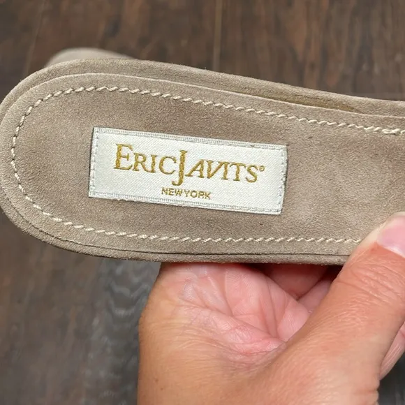 Eric Javits Tan and Gold Woven Slide Sandals