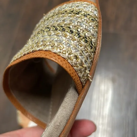 Eric Javits Tan and Gold Woven Slide Sandals