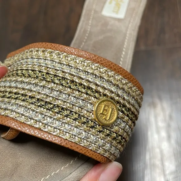 Eric Javits Tan and Gold Woven Slide Sandals