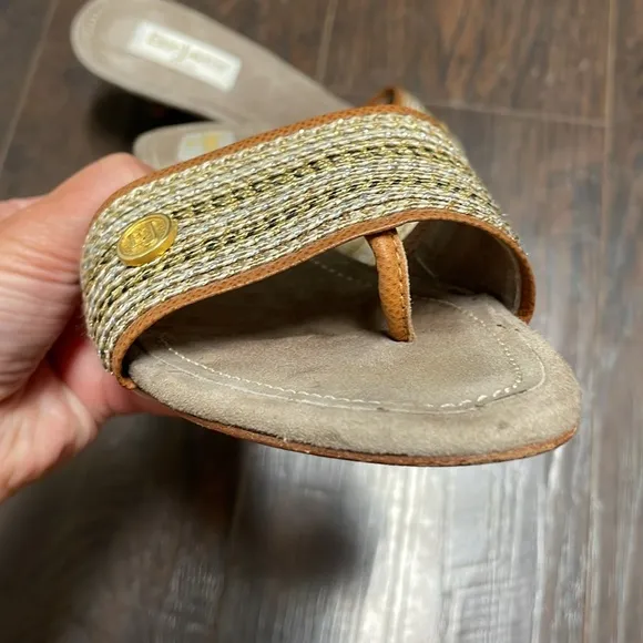 Eric Javits Tan and Gold Woven Slide Sandals