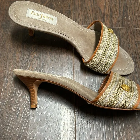 Eric Javits Tan and Gold Woven Slide Sandals