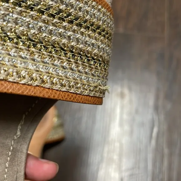 Eric Javits Tan and Gold Woven Slide Sandals